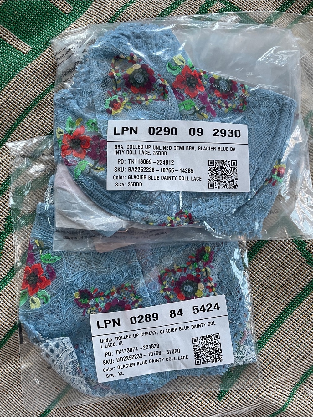 Savage X Fenty Glacier Blue Lace Bra with Multicolor Floral Accents